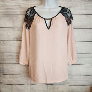 A Byer Large Blush Lace Yoke Long Sleeve Blouse Romantic Chic cottagecore